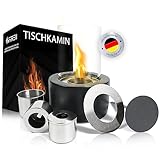 😍 𝐊𝐎𝐌𝐏𝐋𝐄𝐓𝐓-𝐒𝐄𝐓 - Unser Tischkamin enthält alles was du brauchst: Massiver Betonsockel + Hohes Sicherheitsglas + 2x Brennkammer (groß / klein) + Überlaufschutz-Behälter + Polierte Chrome-Platte + Löschstab + Standfüße (+3x Ersatz)