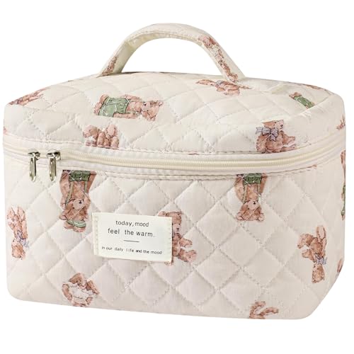 Gosect Large Makeup Bag, Cute Cosmetic Bag for Women Girls, Floral Coquette Aesthetic Toiletry Bag, Travel Make Up Organizer Bag (White-Bear)