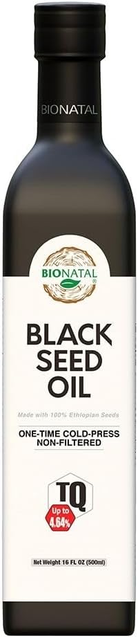 BioNatal Ethiopian Black Seed Oil – Cold Pressed Nigella Sativa Producing Black Cumin Seed Oil, Unrefined & Non-Filtered, High TQ Up to 4.64% – Supports Immune System, Digestion & Joints 16oz Glass