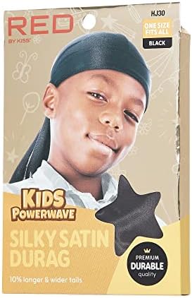 Red by Kiss Kids Sating Durags 파워웨이브 아동용 듀락 롱 테일 및 와이드 스트랩 헤드랩 비니 블랙 — 사진 3