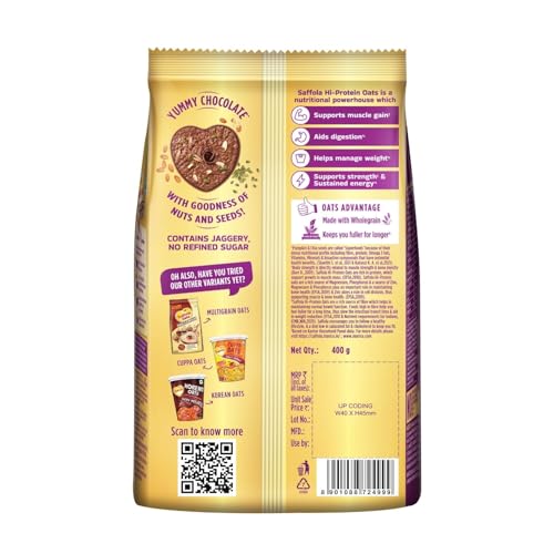 Image of Saffola 25g High Protein Oats | 14g High Fibre | 400g | Chocolate flavour | No Refined Sugar | With Almonds, Raisin, Pumpkin and Chia Seeds | Rolled Oats for Weight management & Muscle gain