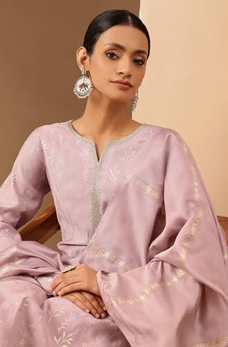 Image of Janasya Women's Lavender Silk Blend Embellished Gold Printed Straight Kurta Set