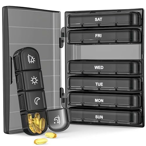Weekly Pill Organizer 4 Times a Day Travel Essentials 7 Day Morning and Night Pill Box Black Daily Am Pm Pill Case for Medication Vitamins Fish Oils Supplements