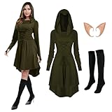 AFJIODUV Disfraz renacentista vintage para mujer, vestido medieval con capucha y orejas de elfo, medias incluidas, disfraces góticos para Halloween y cosplay