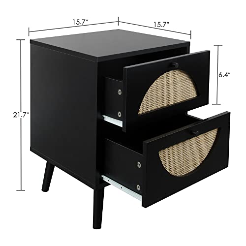 Rarzoe Rattan Nightstand, End Table, Side Table With 2 Hand Made Rattan Decorated Drawers, Nightstands Set Of 2, Wood Accent Table With Storage For Bedroom Home Furniture Black #TOP2