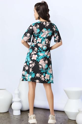 Image of POPWI1NGS Casual Printed V-Neck Short Sleeves Knee-Length Fit and Flare Dress for Women || Frokc-Style Summer Wear Dresses for Women || Loose-Fit Comfortable Women Dress for Regular Wear