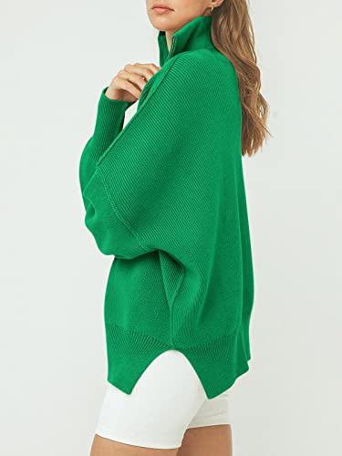 Anrabess Women's Quarter Zip Oversized Sweater Half Zipper Long Sleeve Collar Lapel Drop Shoulder Casual Lightweight Slouchy Soft Split Hem 2023 Fall Sweatshirt Pullover Outfits 566Qinglv-M Green #TOP2