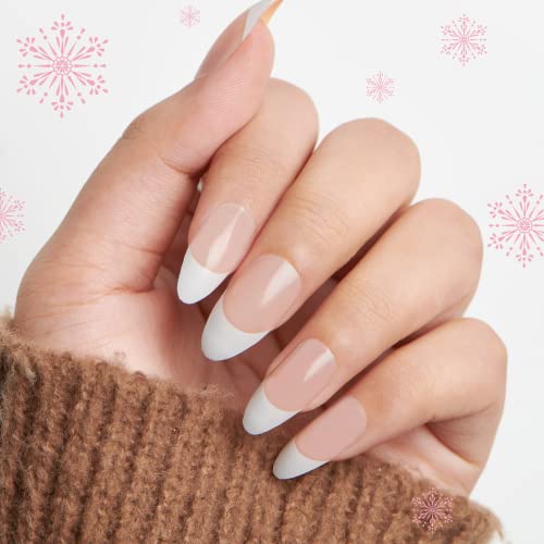 Glamermaid Short Almond Press On Nails Medium French Tips, White Glue On Nails Short Oval, Pink False Nails With Design, Nude Acrylic False Nail Kits Fake Nails Tips Sets With With Adhesive Tabs, Reusable Stick Nails For Women Girls Gift, 24Pcs #TOP10