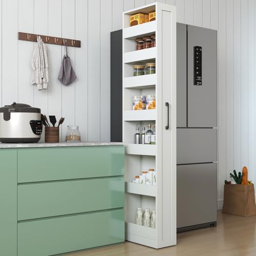 KEIKI 7 Tier Pull-Out Kitchen Pantry Storage Cabinet, Multi-Tier Single-Sided Open Shelf, Spice Rack Next to Fridge, Freestanding Wood Hutch Food Pantries Cupboard for, Dining Room, Narrow Spaces