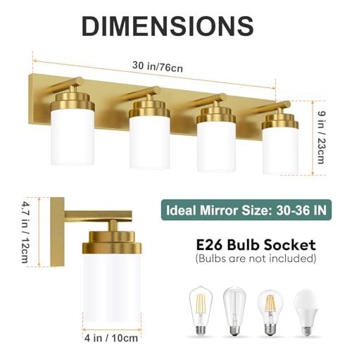 Image of IZORRO Bathroom Vanity Light Fixture, 4-Light 30 Inch Gold Bathroom Light Fixtures Over Mirror, with White Glass Shade, Modern Farmhouse Vanity Lights, Rustic Restroom Lighting Fixtures
