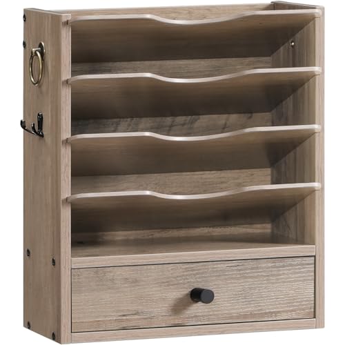 HOOBRO Wall File Organizer, Mail Organizer Wall Mounted, Wooden Mail Sorter, Construction Paper Holder with Drawer Storage and 2 Hooks, for Office, Classroom, Home, Greige BG14WF01