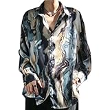 [エンプティオ] レトロ トップス シャツ 長袖シャツ お兄系 ゆるカジ メンズ アジアン エスニック v系 ロングスリーブ シルエット モード系 リゾート 襟付き サラサラ ストリート 総柄 丈長め ちょいワル ツルツル 細身 前開き 模様 ユル ワイシャツ 柄物長袖 撥水 ボタン ボタニカル 柄物 丈長 韓国風 羽織 お洒落 ポケットなし ユッタリメ モード ワイルド (L) ブルー