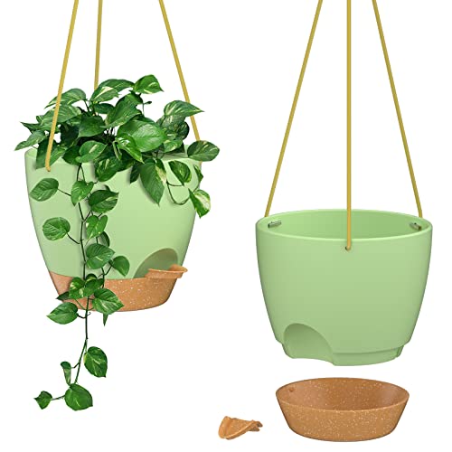 Zmtech 2 Pack 8 Inch Hanging Planters With Watering Lip Self Watering Plant Pot With Drainage Holes And Removable Saucer Plastic Flower Pot For Indoor Outdoor Plants (Green) #TOP6