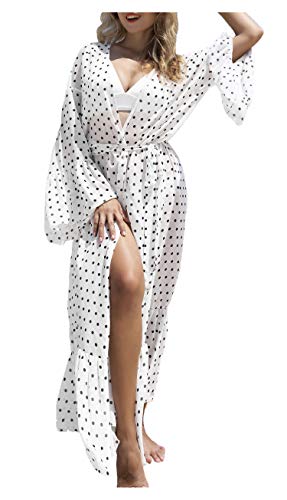Wander Agio Womens Bikini Loose Cover Ups Beach Casual Dress Coverup Swimsuits Long Cardigan Point White 23-2