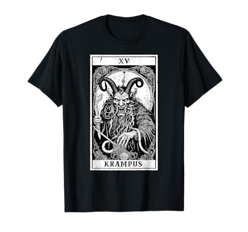 Krampus Christmas Tarot Card White on Black Goth Emo Horror T-Shirt