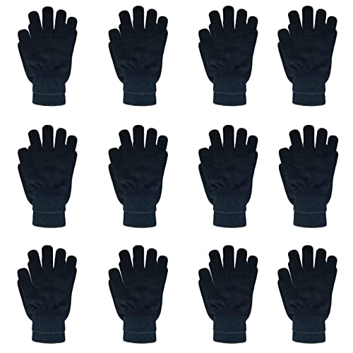 DALEDWN 12 Pairs Black Winter Magic Gloves: Unisex Adult Stretchy Warm Knit Full Fingers Gloves for Teens Men Women