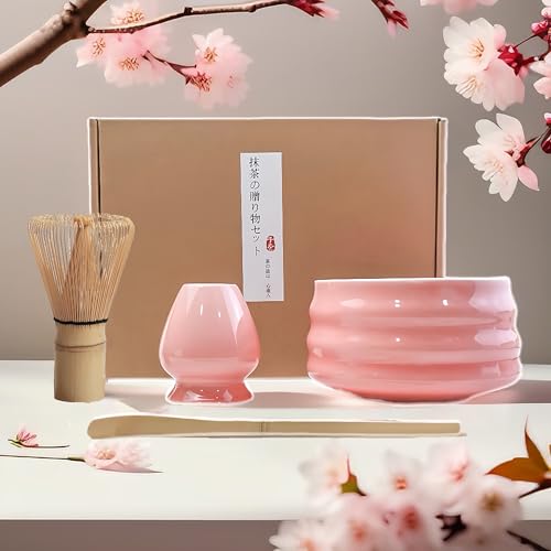 Pink Japanese Matcha Set – 4PCS Premium Ceramic Chawan Bowl, Bamboo Chasen Whisk, Stand & Scoop – Complete Kit for Traditional Matcha Tea Ceremony & Modern Brewing