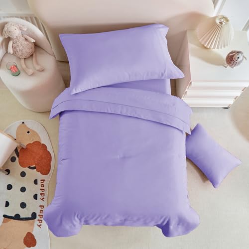 Image of Kids Comforter Sheet Set - Soft and Breathable Bed Set Includes Quilted Comforter, Fitted Sheet, Flat Top Sheet, Pillowcase and Toddler Pillowcase for Toddler - 5 Pieces Toddler Bedding Set Purple