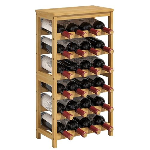MOGELAFOO 6 Tier Wine Rack Freestanding Floor, 24 Bottles Wine Storage Shelves with Table Top, Stackable Wine Display Rack for Kitchen, Bar, Dining Room, Natural Bamboo Finish