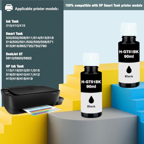 Image of KOSH Refill Ink Bottle Compatible for HP Deskjet 5810,5811,5820,5821,5822, Inktank Wireless 310,315,316,319,410,415,416,419,Smart Tank 115,500,510,515,516,720,750,790 Printers (2, GT51 90MLx 2)