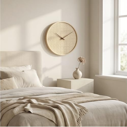 Image of The Artment your artistic apartment Beige CaneHalo Clock Natural Cane Weave Wall Clock, Silent Quartz Movement, Wooden Frame Minimalist Round Clock for Living Room, Bedroom, Office Decor