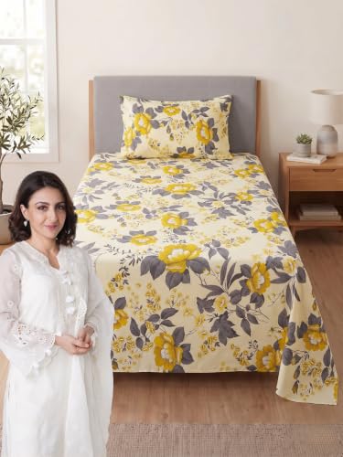 Image of Mafatlal 144 TC Fern Single Bed Sheet 90 x 60 Inch | Printed Cotton Bedsheet for Bedroom | Soft Touch Comfortable Bedding | Washable Bed Cover with Pillow Cover|Mango Yellow