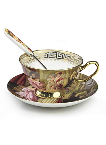 Jucaihome Tea Cups and Saucers Sets Vintage Oil Painting Porcelain Teacups with Saucer and Spoon For Tea Party