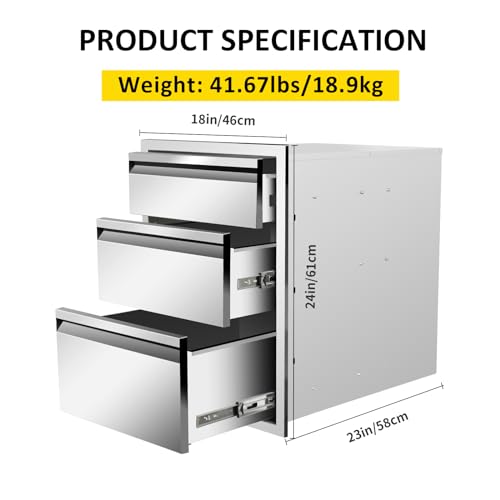 Image of Outdoor Kitchen Drawers 18 inch W x 24 inch H x 23 inch D Flush Mount Triple BBQ Drawers with Chrome Handle Stainless Steel Drawer for Outdoor Kitchen Island, Patio Grill Station