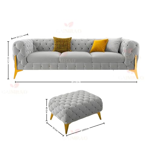 Image of 4 Seater Sofa Set Modern Classic Chesterfield Style Fabric Velvet with Pillows for Living Room, Bedroom and Office and Hallway (3+1+OTTO Grey FC)