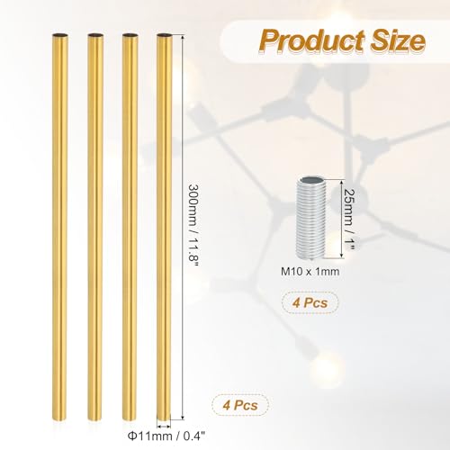 Image of PATIKIL Threaded Extension Rod, 4 Sets 12 inch M10 x 1mm Fine Thread Lamp Pipe with Lamp Pipe Nipples for Pendant Light Island Lighting Chandeliers Stems, Dark Gold