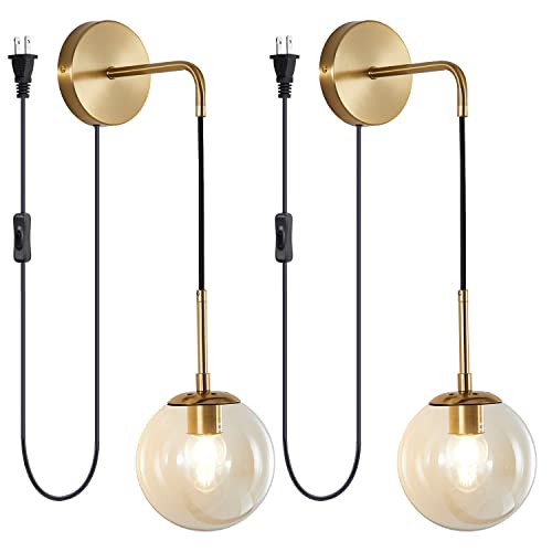 Image of KCO Lighting Modern Plug in Wall Sconce Set of 2 Gold Glass Globe Bathroom Wall Sconce Mid Century Adjustable Wall Lamp Plug in for Corridor Bedroom Entryway (Amber & 2-Pack)