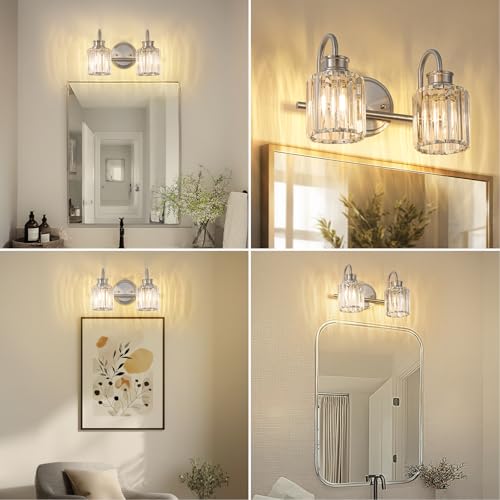 Image of Brushed Nickel Bathroom Light Fixtures with K9 Crystal Lampshade Bathroom Lighting Over Mirror Vanity Lights for Living Room,Bedroom,Restroom,Hallway 2 Lights