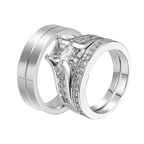 Aokarry Couple Ring Bridal Set His Hers Wedding Rings Set Stainless Steel Groove Bands & White Gold Plated Square Cubic Zirconia Ring Assembling Women Size 9 & Men Size 10.5