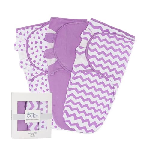 Image of Comfy Cubs Easy Swaddle Blanket, 3 Pack - 100% Cotton Newborn Wrap, Large for 3-6 Months Infants, with Adjustable Velcro, Breathable and Durable Sleep Sack for Babies - Purple