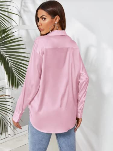 Wurmenin Pink Satin Shirt Womens Silk Button-Down Blouse Long Sleeve Oversized Casual Top Sexy Loose Formal Work Tunics #TOP3