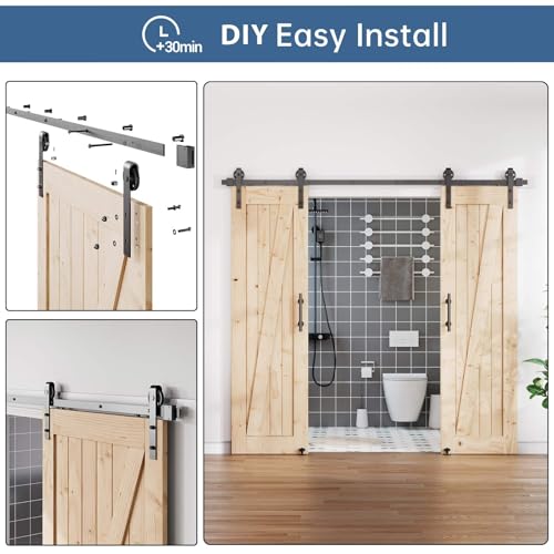 Image of EaseLife 8FT Double Door Sliding Barn Door Hardware Track Kit & Handle,Big Industrial Spoke Wheel,Wall Mount,Slide Smoothly Quietly,Easy Install,Black,96 inch Track Fit for 44-46 inch Wide Opening (No Door)