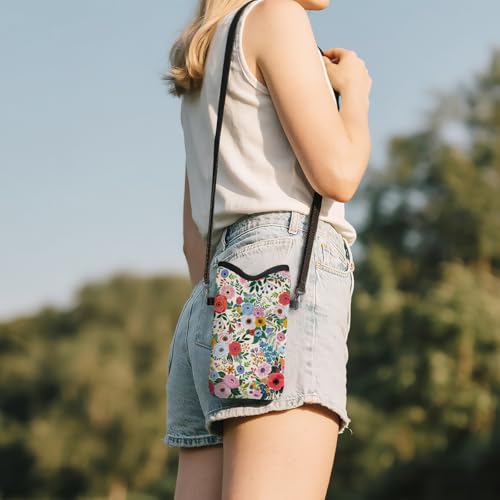Image of Cell Phone Sleeve Pouch Case Bag with Crossbody Strap Neck Lanyard for Women Girls, Colorful Flower Floral Cell Phone Crossbody Bag 7.1x3.9 Inch
