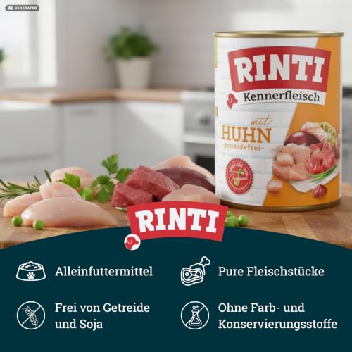 RINTI - Kennerfleisch | Nassfutter mit 70% Fleisch für ausgewachsene Hunde. Getreidefreies Alleinfutter in der Dose ohne Soja, Farb- und Konservierungsstoffe | 12x800g Huhn