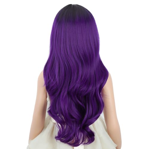 Image of PATTNIUM Dark Purple Wig for Kids Girls Long Curly Wavy Wig Ombre Purple Wigs Middle Part Black to Purple Wigs Heat Resistant Synthetic Hair