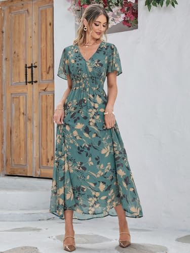 Image of Simplee Women's Boho Floral Maxi Dress Flowy Casual V Neck Short Sleeve Wedding Guest Holiday Beach Long Dress