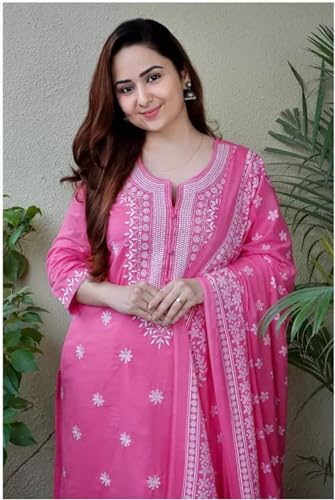 Image of BHARVITA Women's Cotton Embroidered Chikankari Work Straight Kurta Dupatta Pant Set