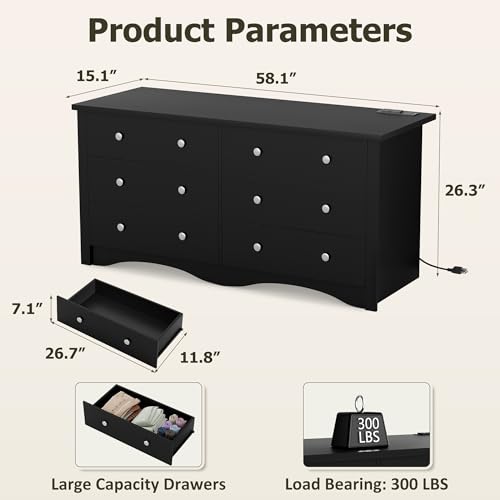 image for YESHOMY Black Dresser with Power Outlet, 6 Drawers Dresser for Bedroom