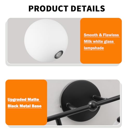 Image of 4-Lights Black Vanity Lights with Milky White Globe Glass Shade, Industrial Bathroom Wall Sconces Light over Mirror, Vanity Lighting Fixture for Bathroom Dressing Table Bedroom Living Room