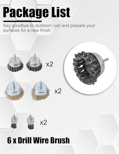 Image of 6Pcs Wire Brush for Drill 1 /4 Inch Hex Shank Carbon Steel Wire Wheel for Metal Polishing Rust Paint Burr and Scale Removal
