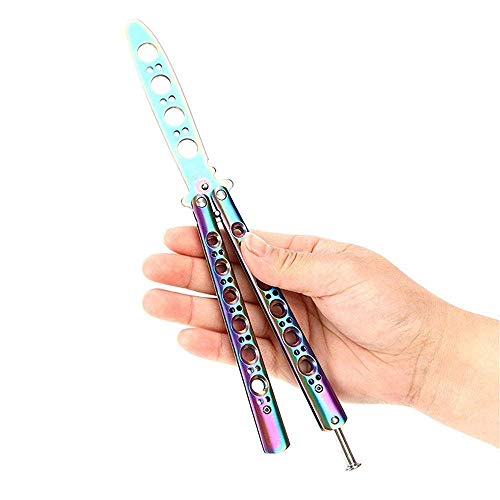 Topoint Rainbow Stainless Steel Blunt Training Balisong Practice Dull Pocket Knives Trainer Tool, Martial Arts Practice Trainer Knife Tool Sticks Titanium Knife #TOP1