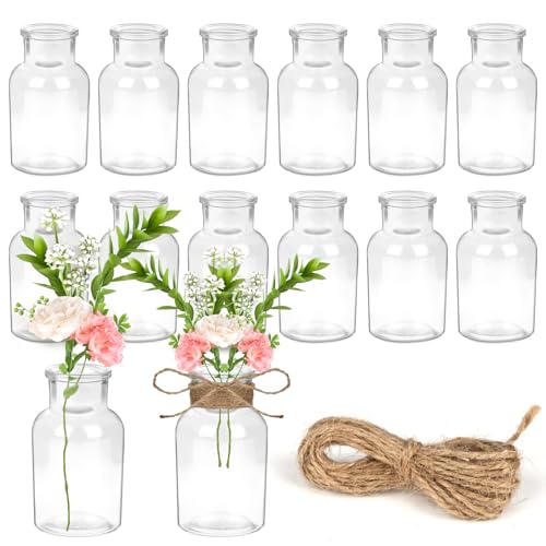 YOMKILU 12er Set Glasvase Klein 125ml Mini Vasen mit 5m Juteschnur 10.3cm Hoch Blumenvasen Vasen Deko Kleine Vasen für Tischdeko Zuhause Hochzeiten Geburtstage Feste Spülmaschinenfest