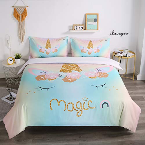 Suncloris,Magic Girls Flower Rainbow Unicorn,Kids' Gift Home Bedding Set.included:duvet Cover,Pillowcase(No Comforter Inside) (Queen) #TOP2