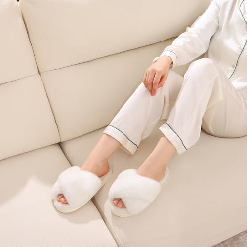 Evshine Women's Fuzzy Slippers Cross Band Memory Foam House Slippers Open Toe Indoor Outdoor Shoes, White, 38-39 (Size 7-8)