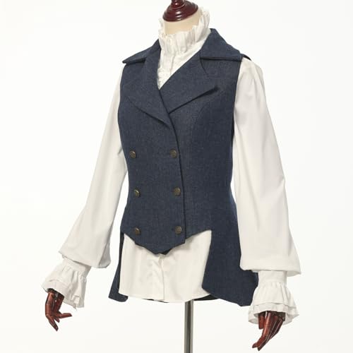 UniqKaliber Femmes Veste victorienne, tenue des années 1920, manteau en tweed Renaissance gothique Steampunk Gilet Veste Top, bleu marine, XL – vue 4