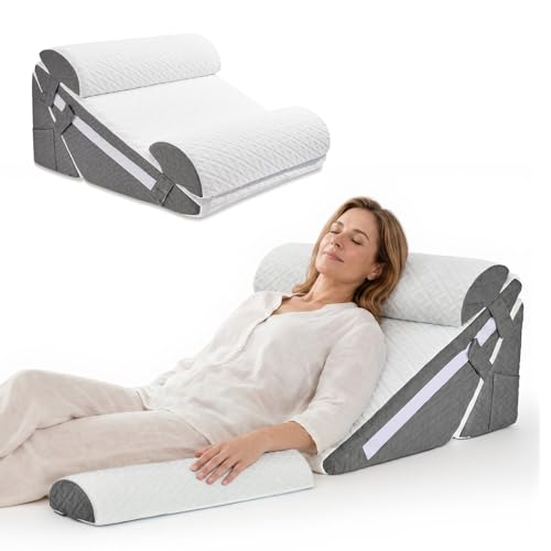 Adjustable Wedge Pillow Set 4PCS, Cooling Gel Memory Foam Bed Wedge with Dual Head Pillows, Extra-Wide Incline Pillow for Acid Reflux, GERD, Sleep Apnea & Post Surgery Recovery, White/Dark Grey